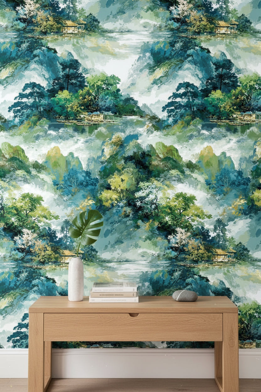 Teal and Green Watercolor Landscape Wallpaper