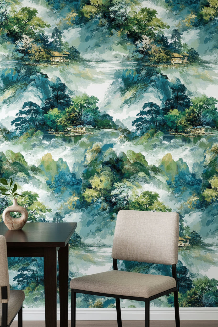 Teal and Green Watercolor Landscape Wallpaper