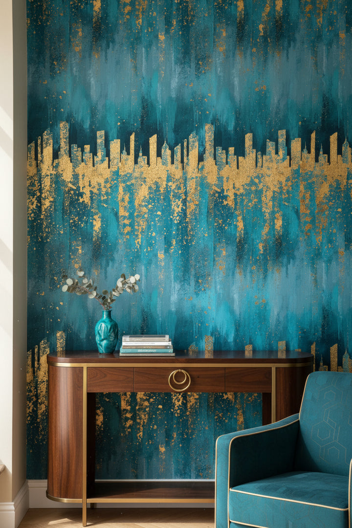 Teal and Gold Look Abstract Skyline Wallpaper