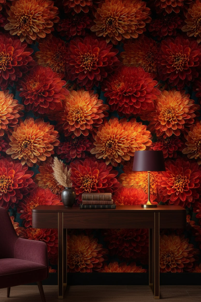Fiery Red Dahlia Bloom Floral Wallpaper