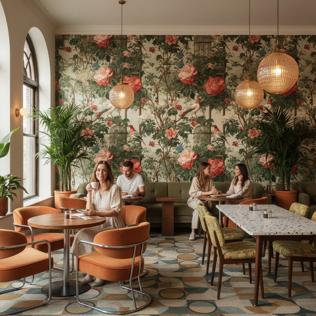 Cream and Green Rose Garden with Birds Wallpaper