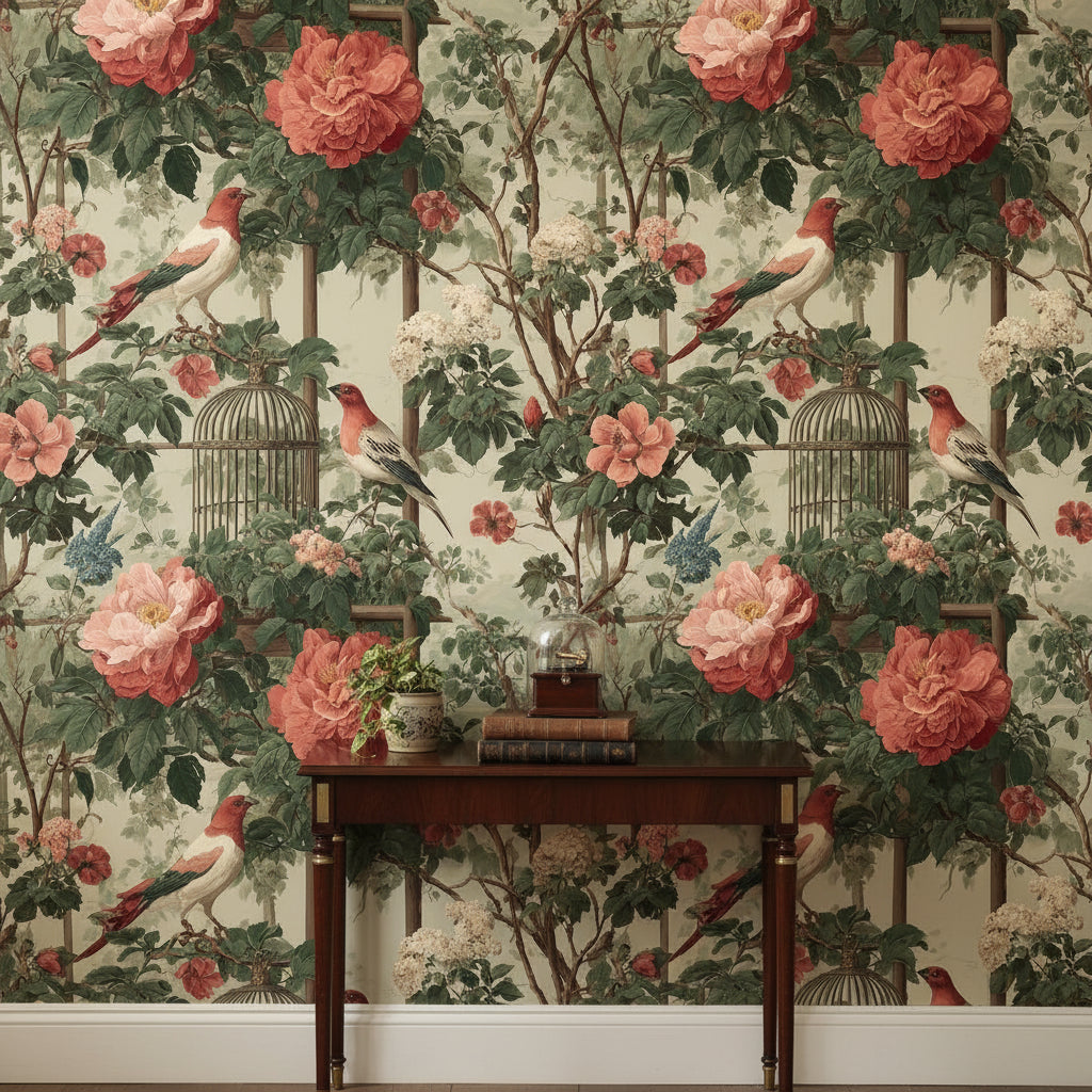 Cream and Green Rose Garden with Birds Wallpaper