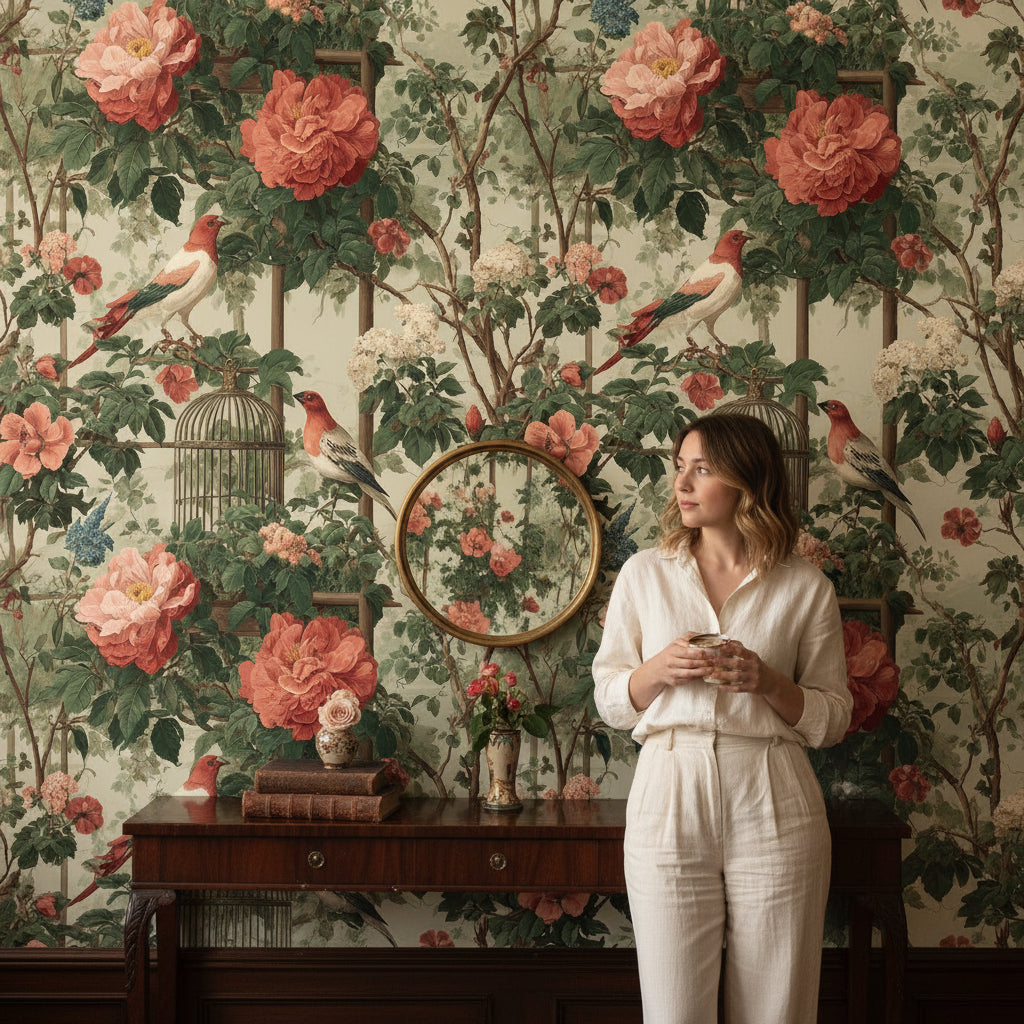 Cream and Green Rose Garden with Birds Wallpaper