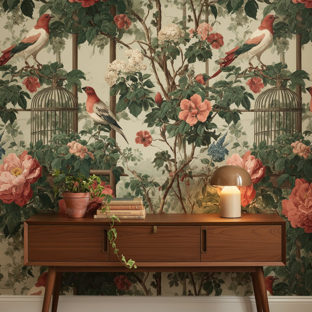 Cream and Green Rose Garden with Birds Wallpaper