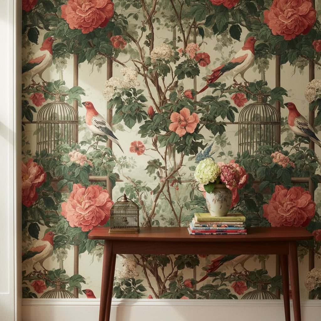 Cream and Green Rose Garden with Birds Wallpaper