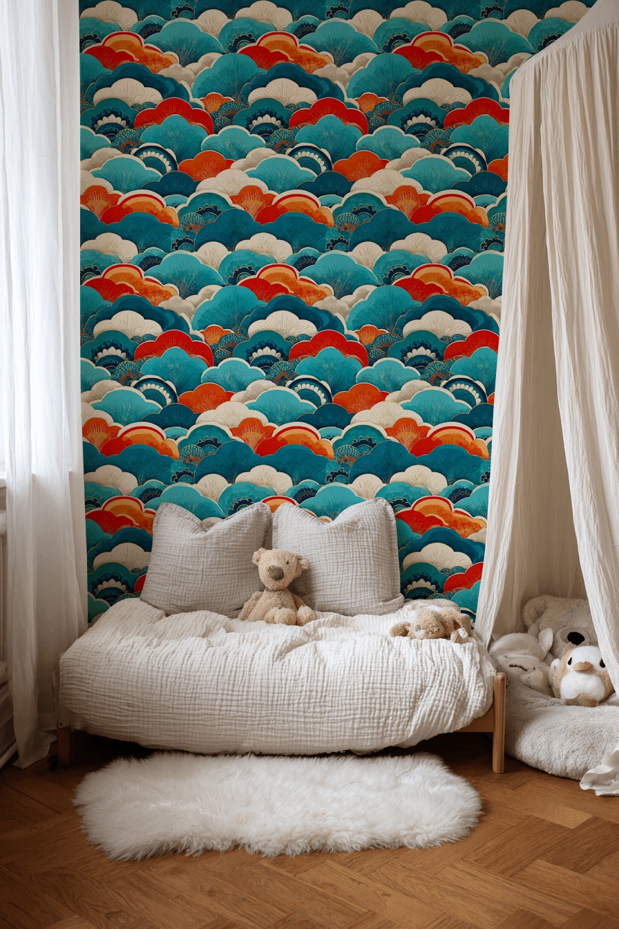 Vibrant Teal and Orange Japanese Wave Wallpaper