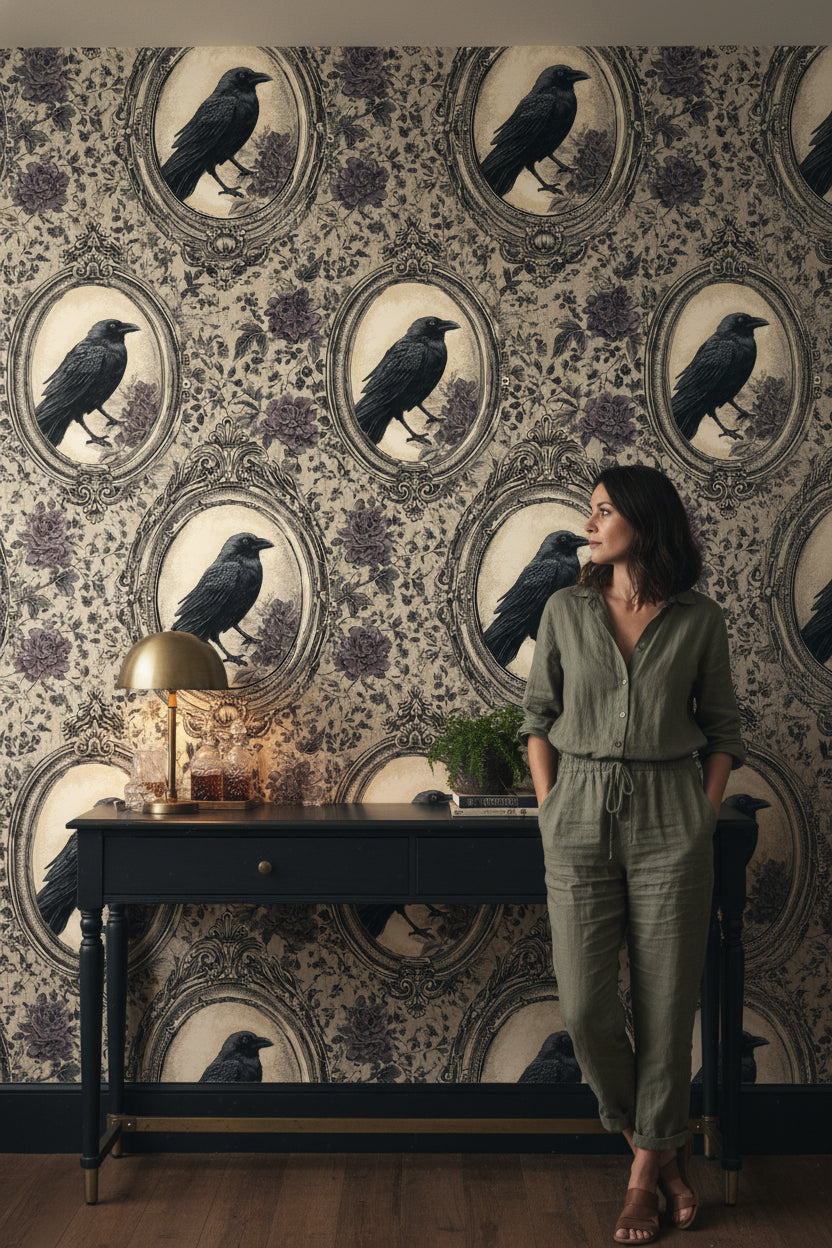 Beige and Black Vintage Bird Floral Wallpaper