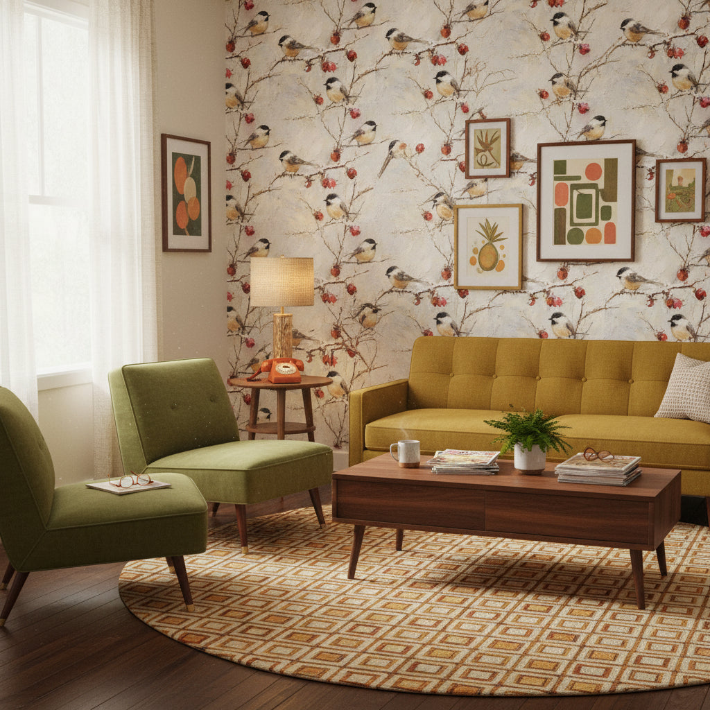 Cream Chicadee and Berry Wallpaper