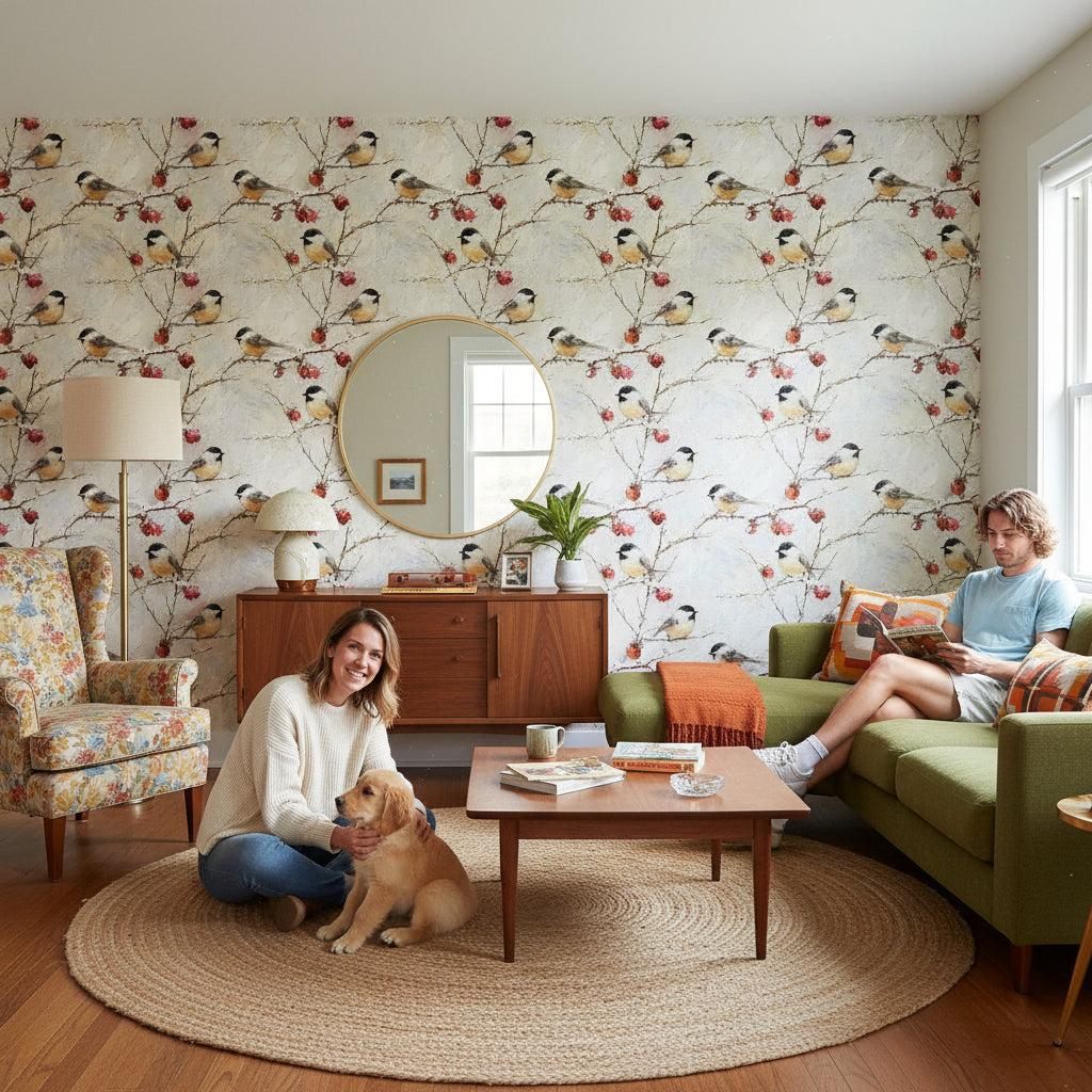 Cream Chicadee and Berry Wallpaper