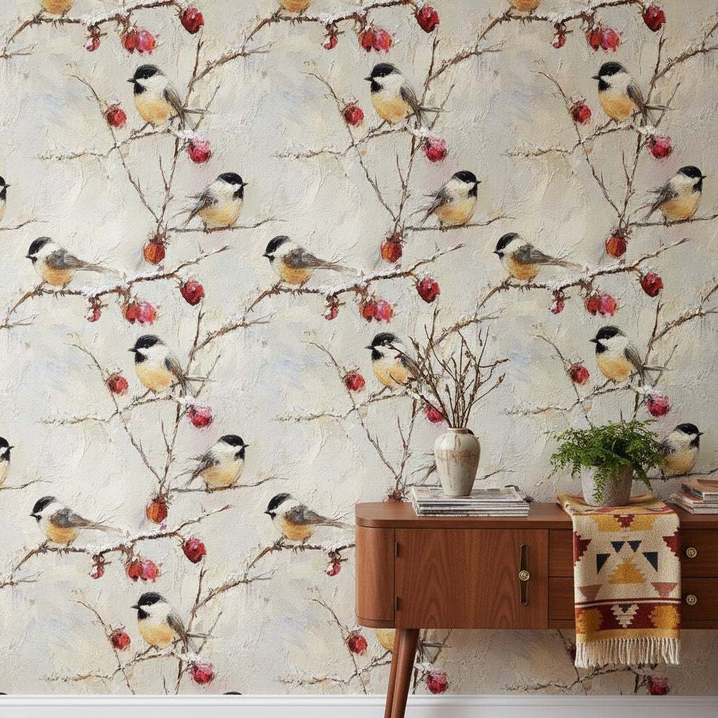 Cream Chicadee and Berry Wallpaper