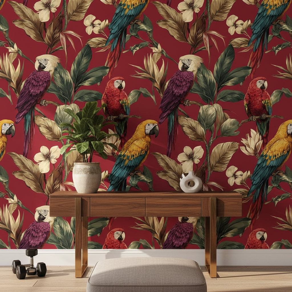 Burgundy Tropical Parrot Floral Wallpaper