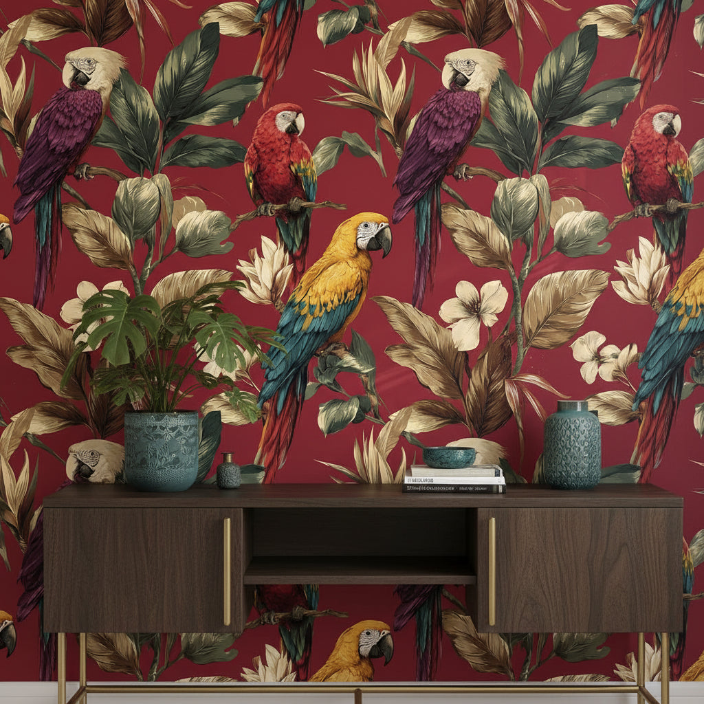 Burgundy Tropical Parrot Floral Wallpaper
