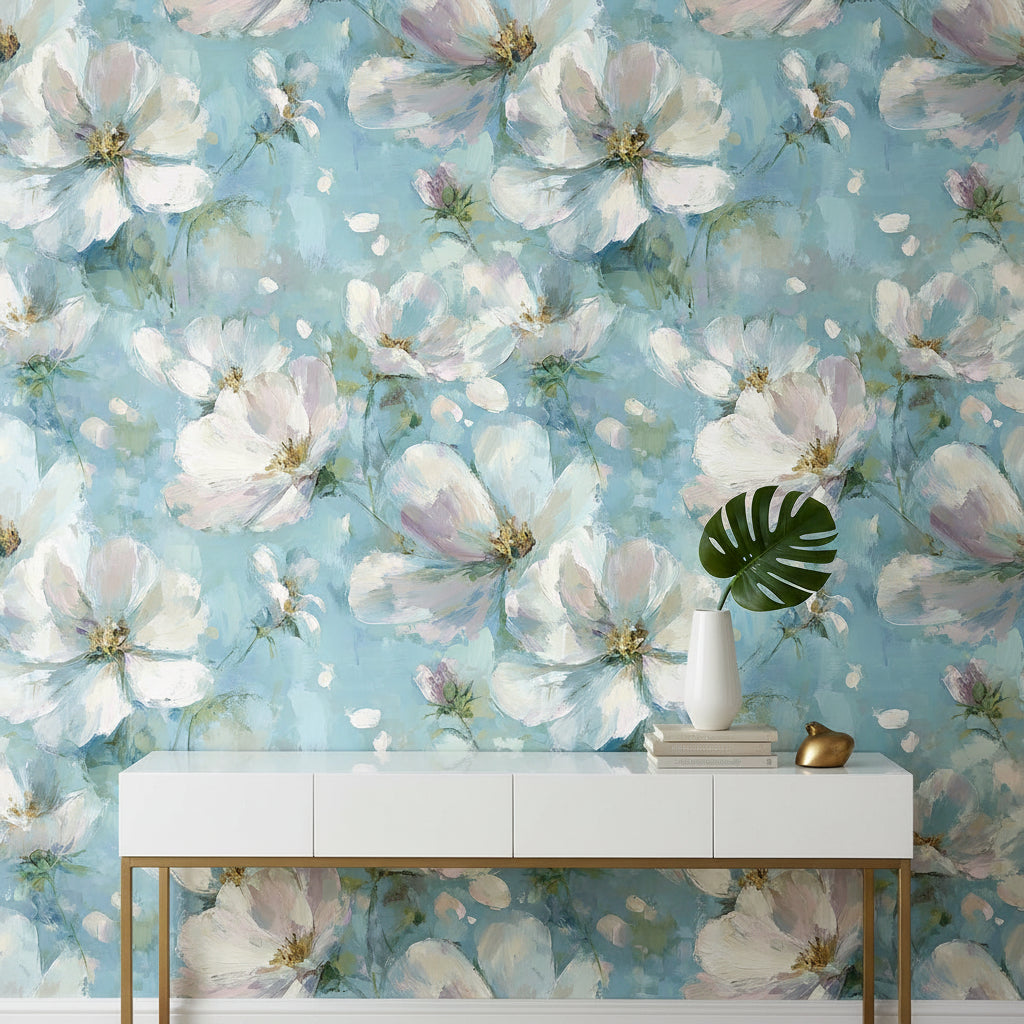 Sky Blue Watercolor Blossom Floral Wallpaper