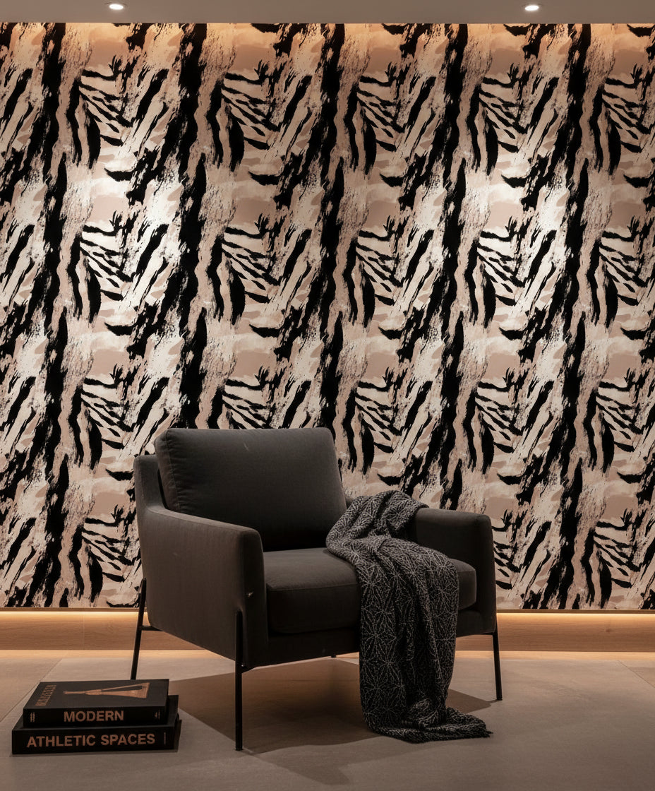 Black and Beige Abstract Brushstroke Wallpaper