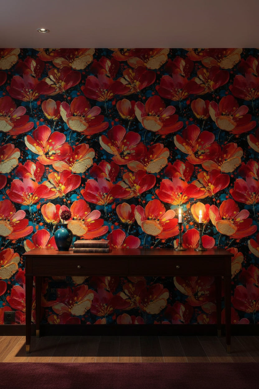 Vibrant Crimson Floral on Deep Black Wallpaper
