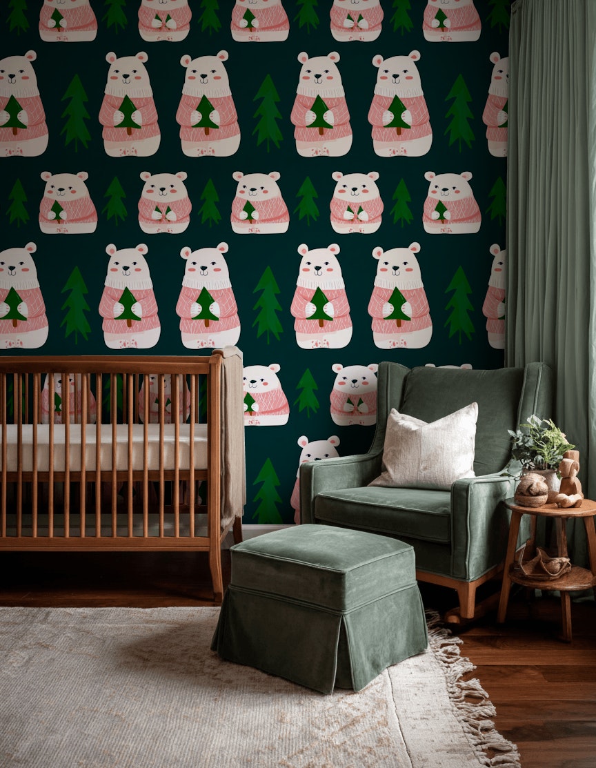 Dark Forest Cute Bear Kids Wallpaper