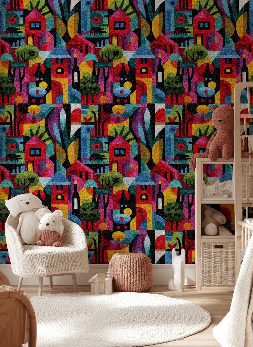 Vibrant Multicolor Abstract Village Wallpaper