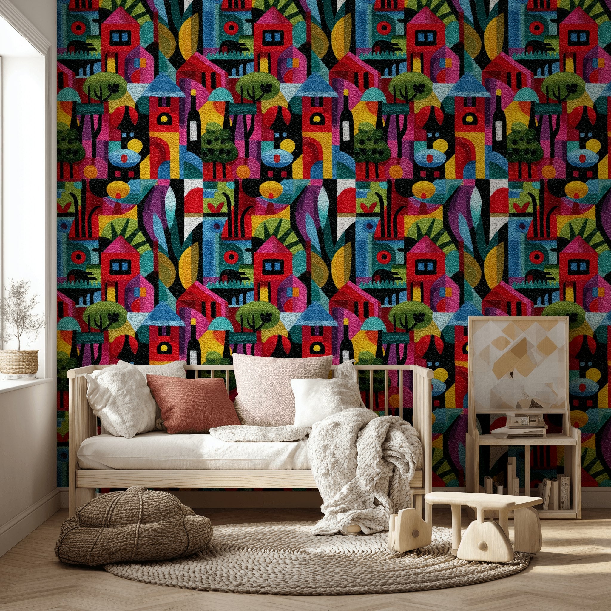 Vibrant Multicolor Abstract Village Wallpaper