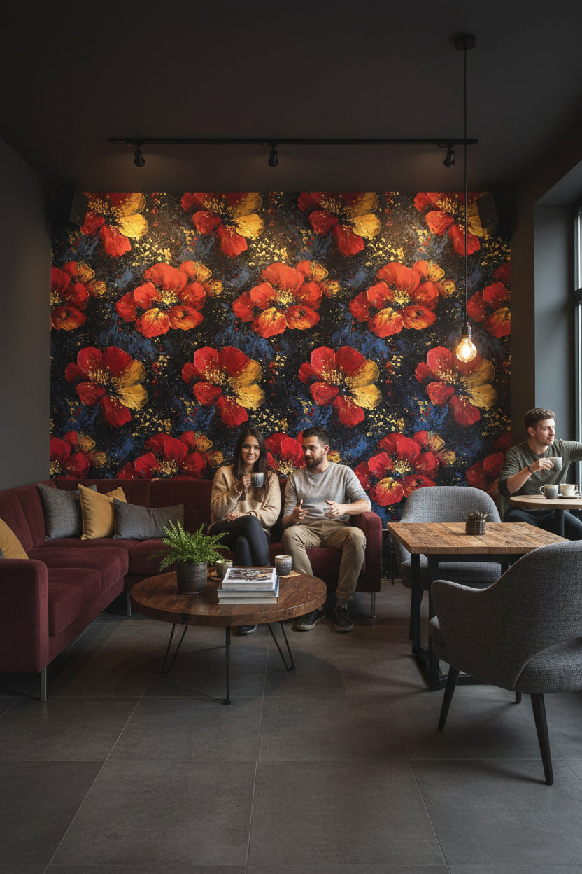 Bold Red and Gold Look Floral Dark Wallpaper
