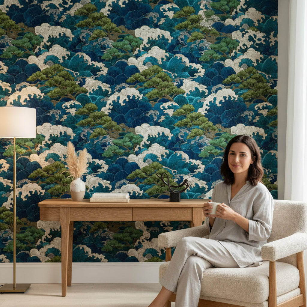 Deep Blue and Green Japanese Wave Wallpaper