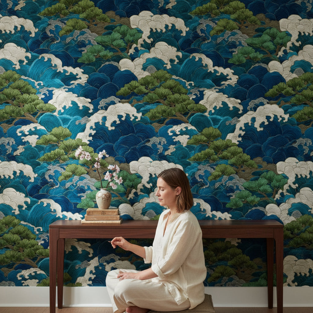 Deep Blue and Green Japanese Wave Wallpaper