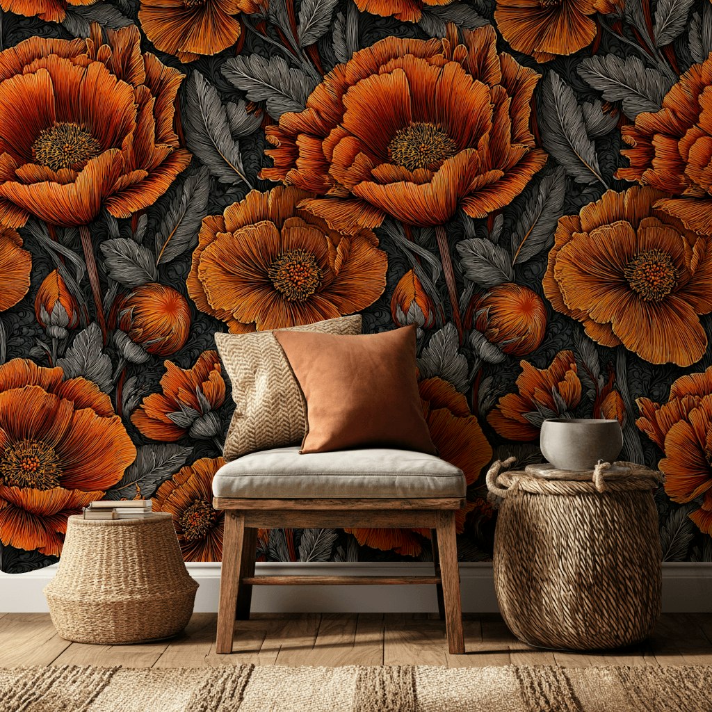 Vibrant Orange Poppy Floral Dark Wallpaper