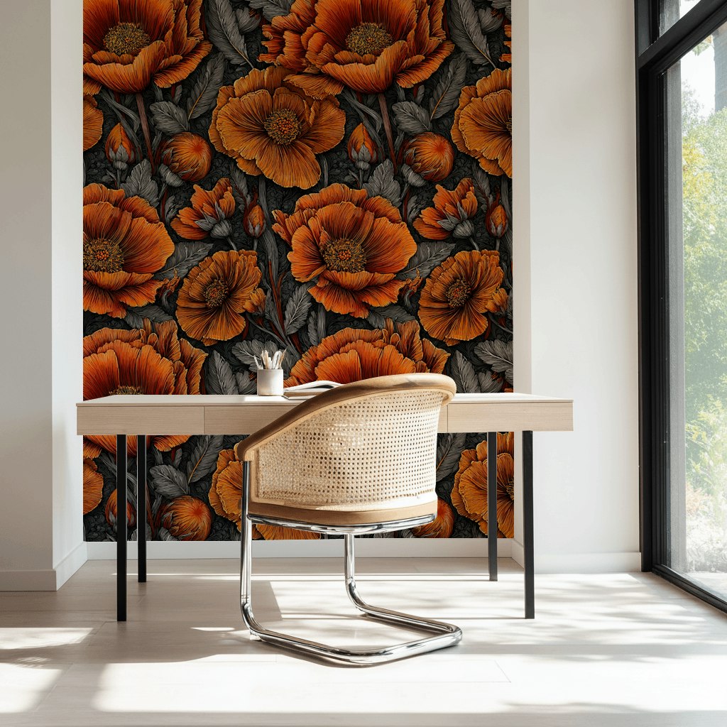 Vibrant Orange Poppy Floral Dark Wallpaper