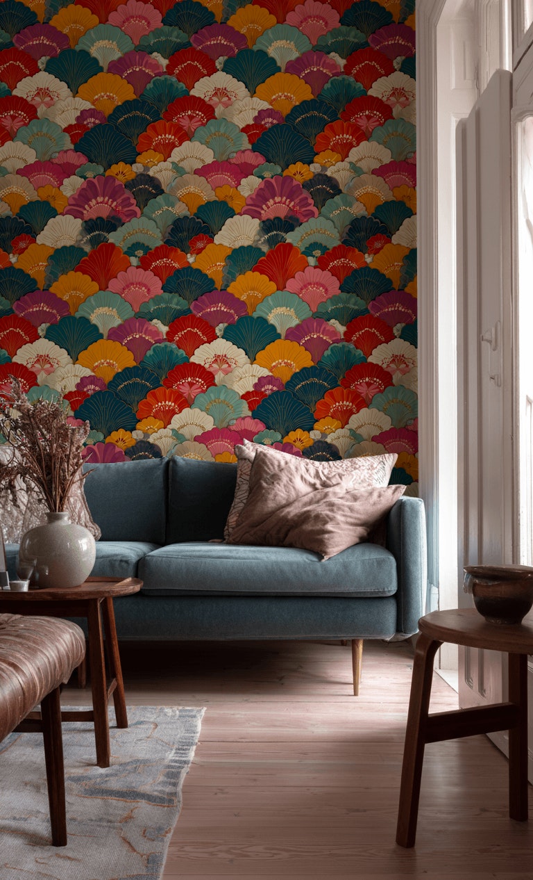 Multicolor Art Deco Fan Pattern Wallpaper