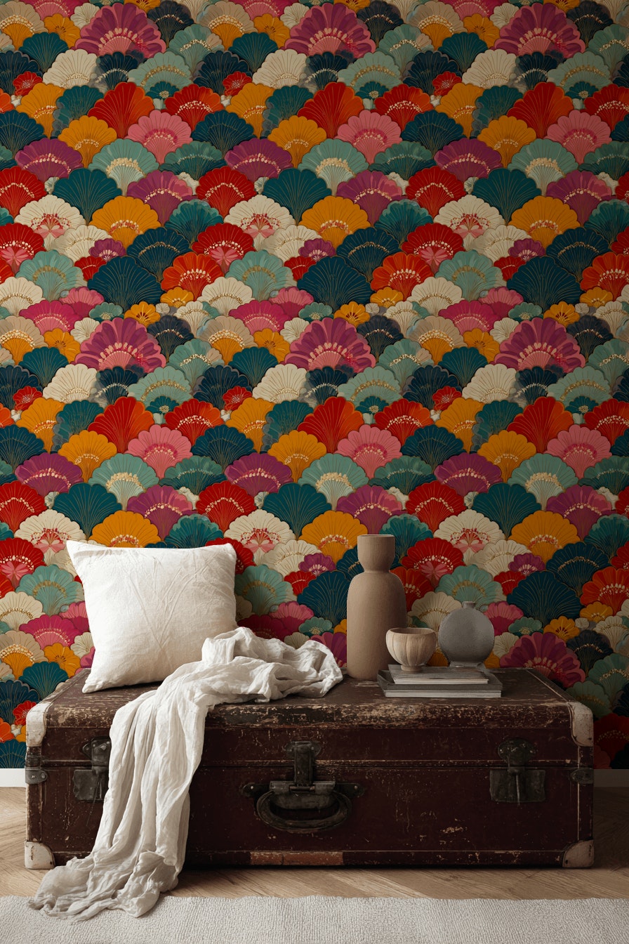Multicolor Art Deco Fan Pattern Wallpaper