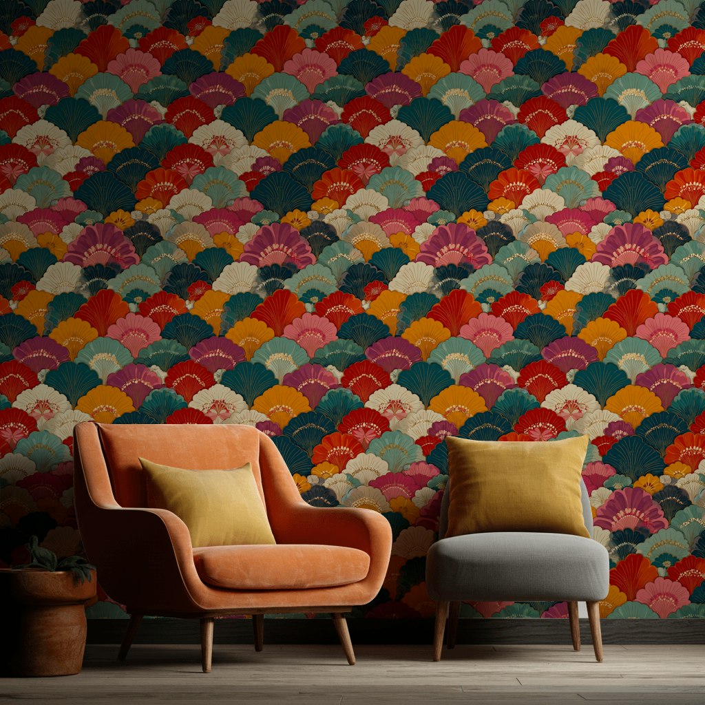 Multicolor Art Deco Fan Pattern Wallpaper