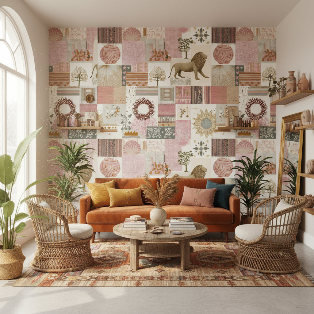 Eclectic Patchwork Lion and Botanical Wallpaper