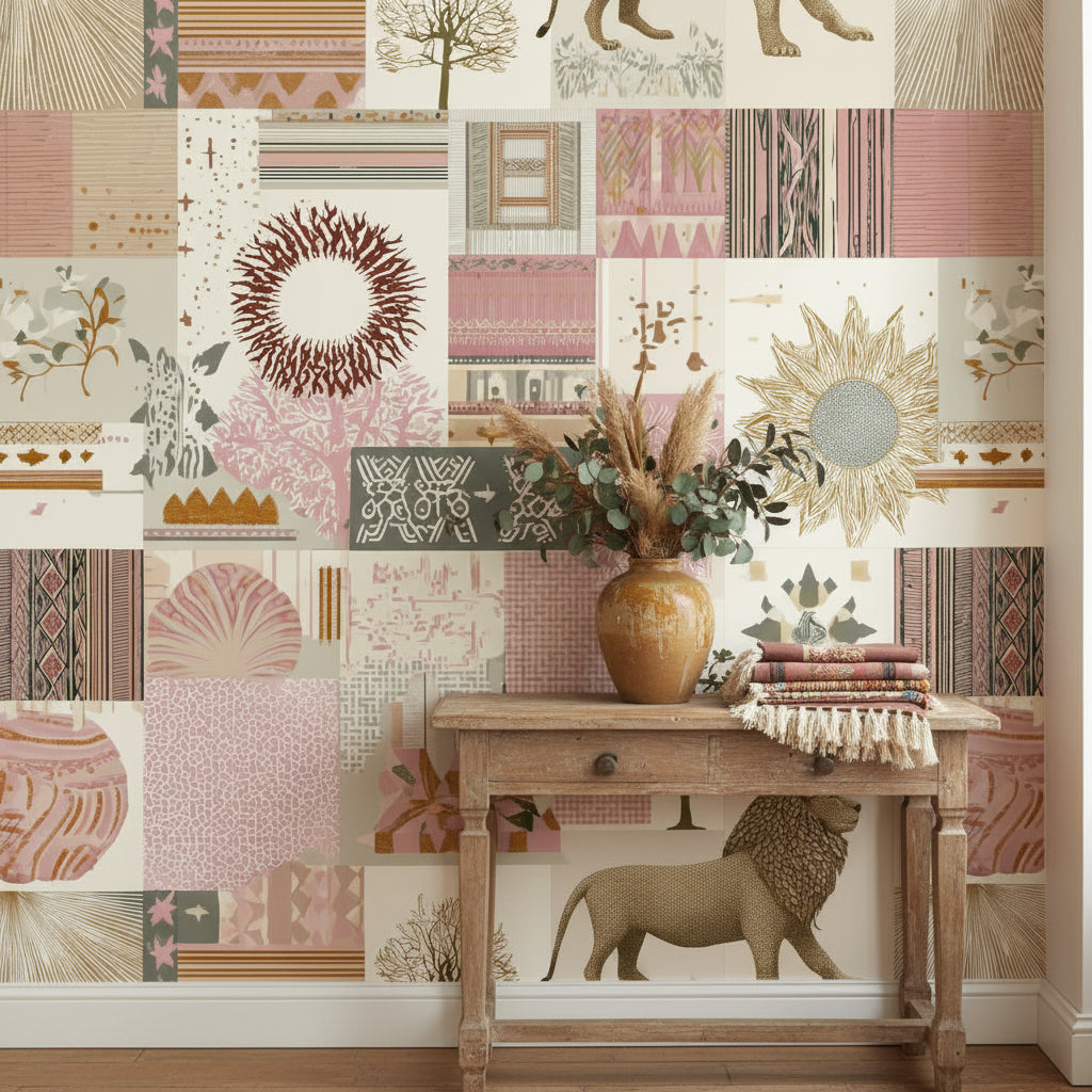 Eclectic Patchwork Lion and Botanical Wallpaper