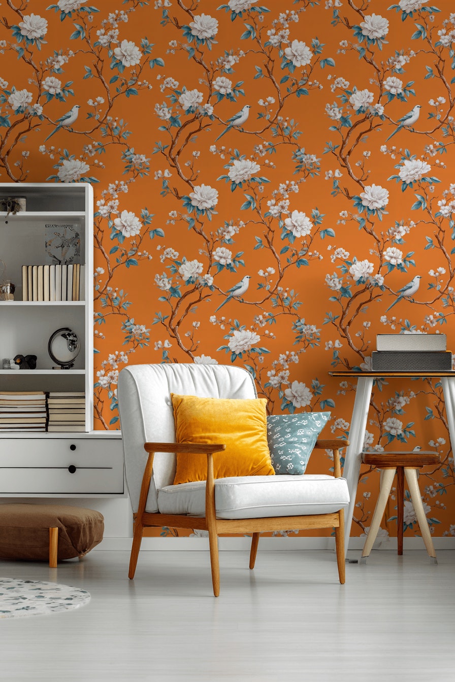 Vibrant Orange Cherry Blossom and Bird Wallpaper