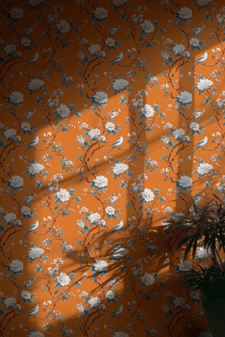Vibrant Orange Cherry Blossom and Bird Wallpaper