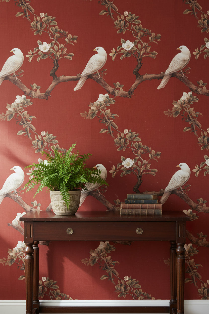 Rich Red Botanical Bird Branches Wallpaper