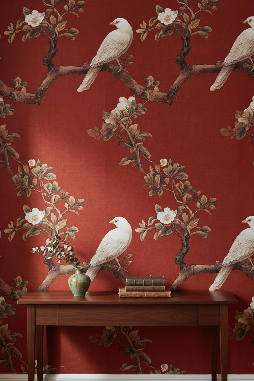 Rich Red Botanical Bird Branches Wallpaper