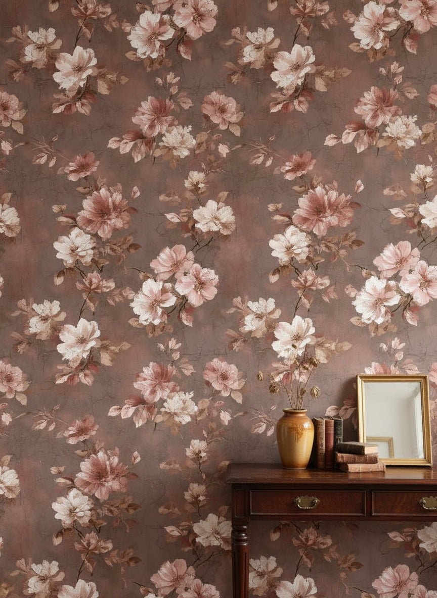 Mocha Brown Vintage Rose Floral Wallpaper