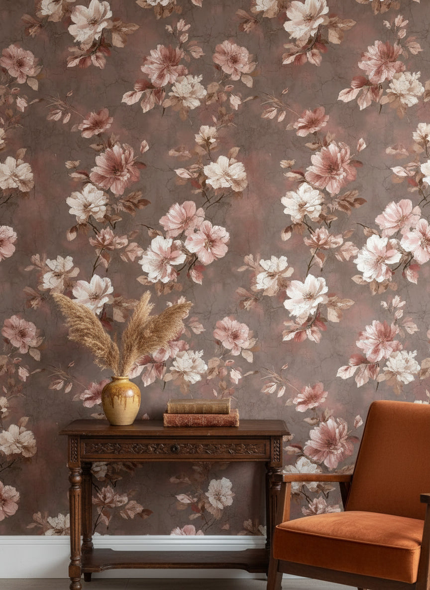 Mocha Brown Vintage Rose Floral Wallpaper