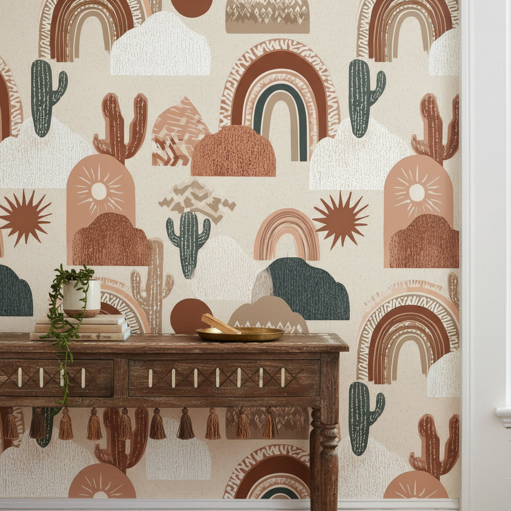 Terracotta Geometric Desert Cactus Wallpaper