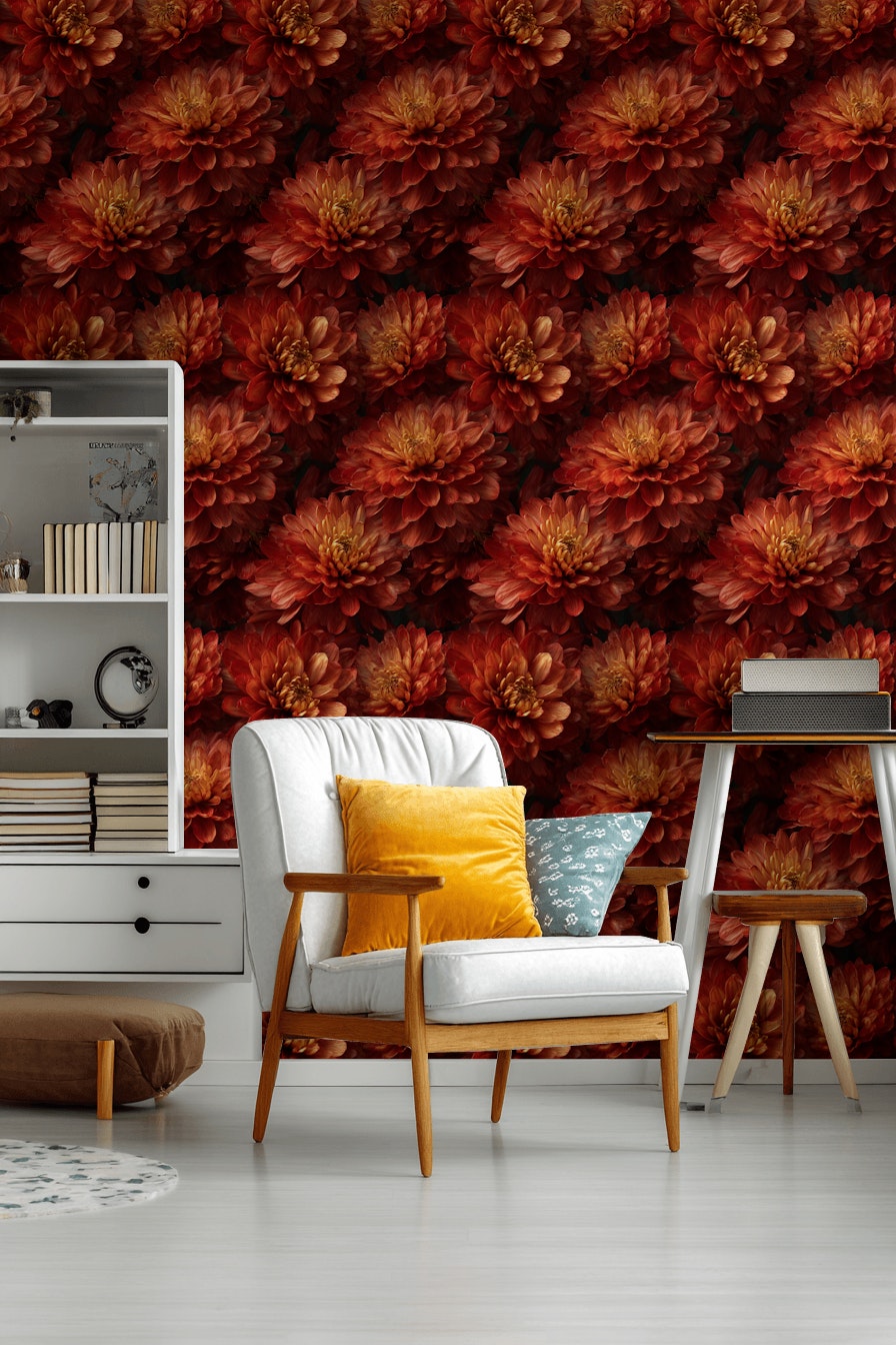 Fiery Orange Chrysanthemum Floral Wallpaper