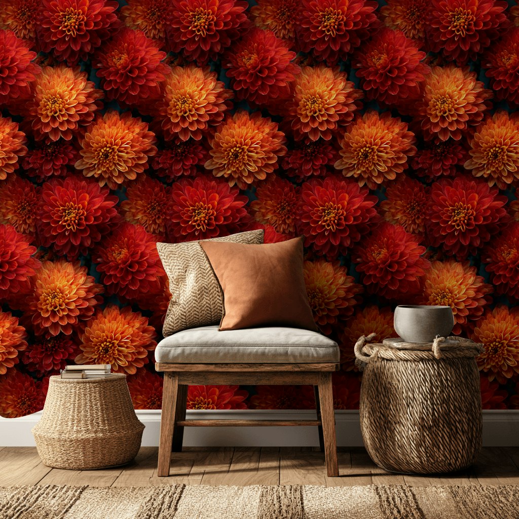 Fiery Red Dahlia Bloom Floral Wallpaper