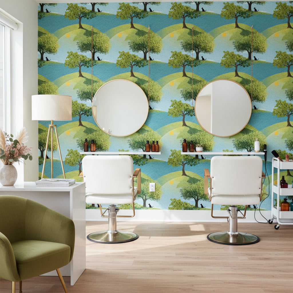 Bright Blue and Green Hillside Tree Wallpaper