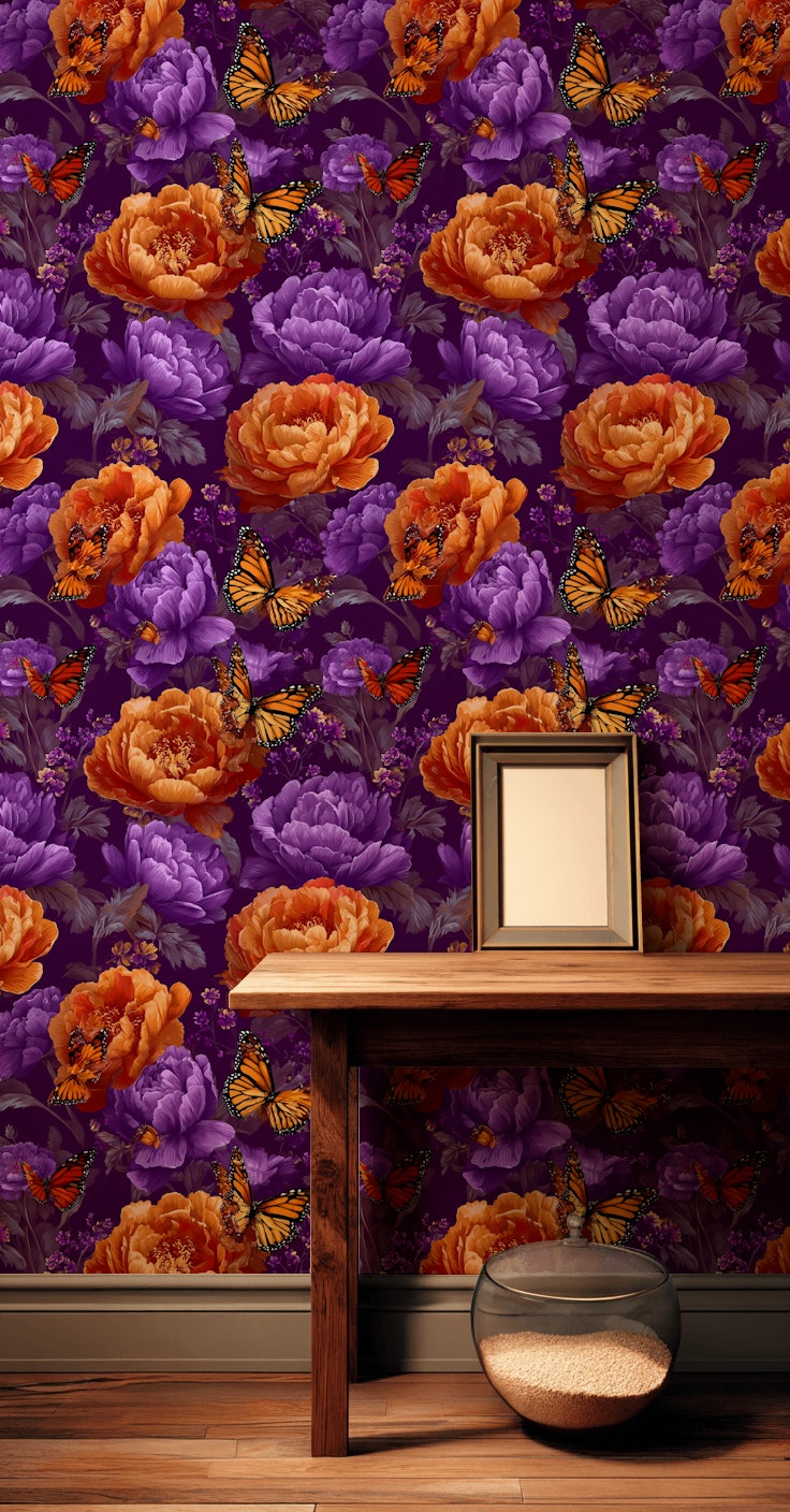 Vibrant Purple and Orange Floral Butterfly Wallpaper
