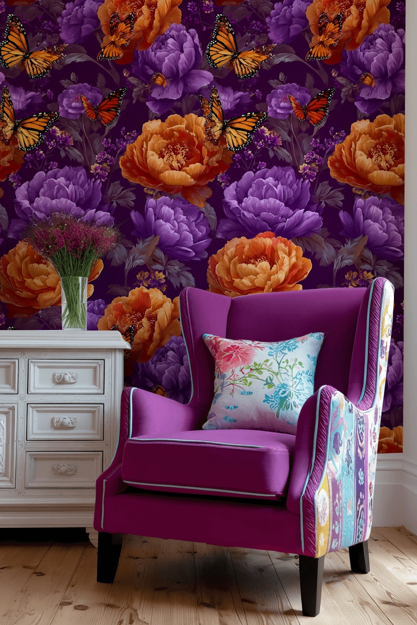 Vibrant Purple and Orange Floral Butterfly Wallpaper