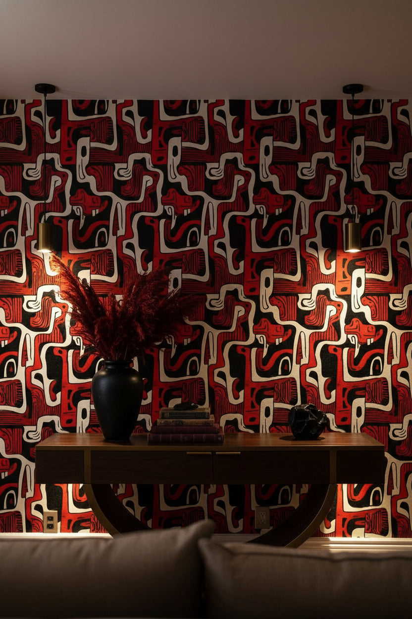 Dark Red and Black Retro Abstract Pattern Wallpaper