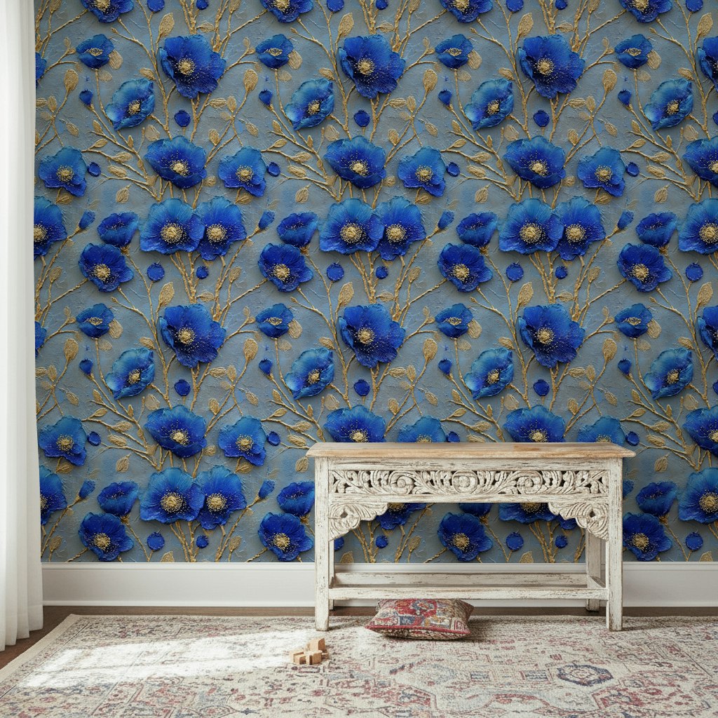 Royal Blue and Gold Look Large Floral Wallpaper