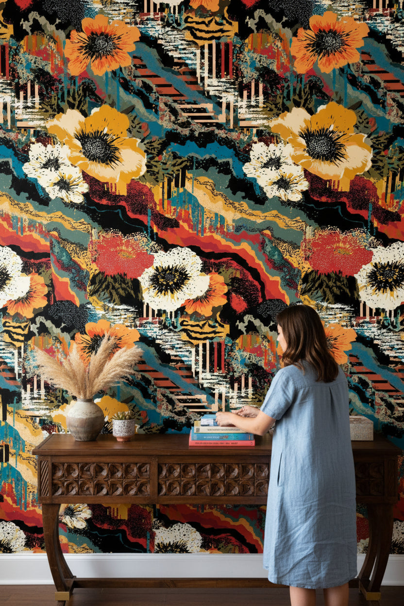 Bold Multicolor Abstract Floral Wallpaper