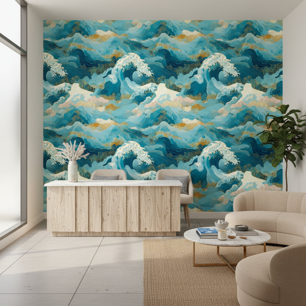 Oceanic Blue and Gold Look Japanese Wave Wallpaper