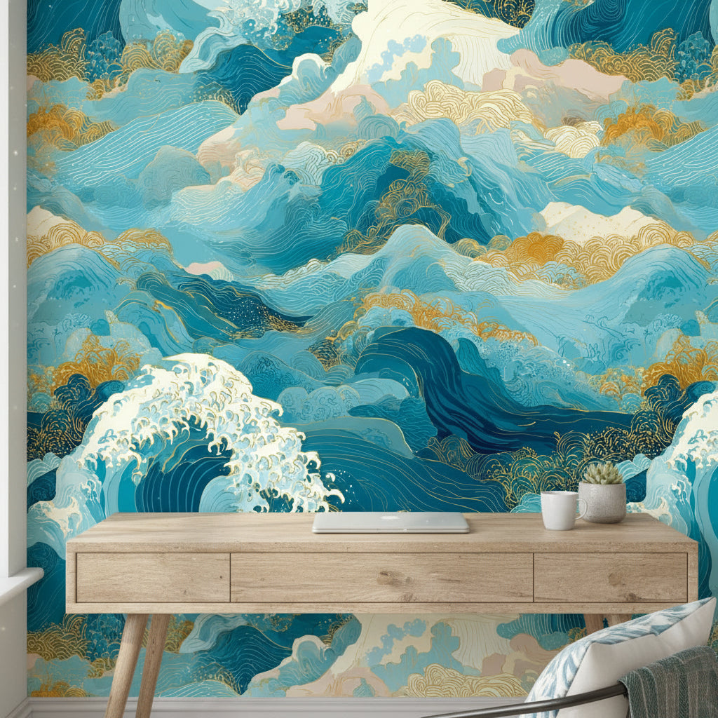 Oceanic Blue and Gold Look Japanese Wave Wallpaper
