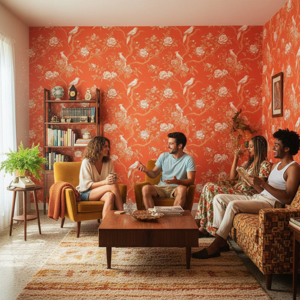 Burnt Orange Vintage Bird Floral Wallpaper